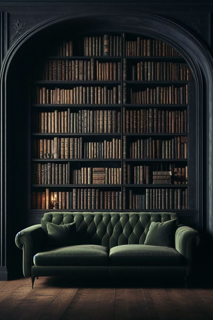 a couch sitting in front of a bookshelf filled with lots of bookcases