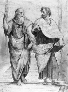 an old drawing of two men with long hair and beards standing next to each other