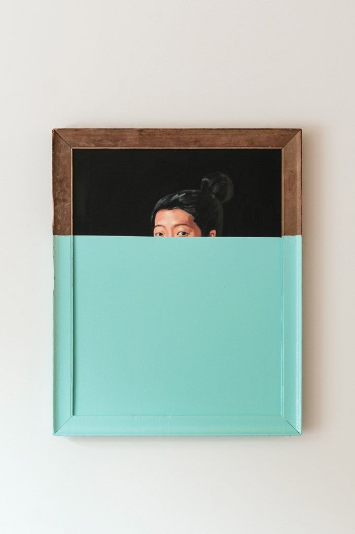 two pictures, one with a woman's face peeking out from behind a blue frame