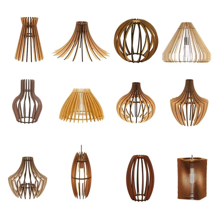 an assortment of wooden lamps hanging from the ceiling in various shapes and sizes, all on white background