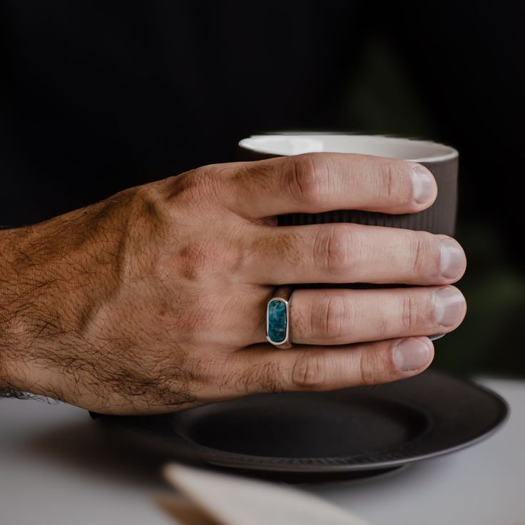 * Natural larimar stone
 * Comfortable, polished surface
 * Classic signet design Male Ring With Stone, Men Rings Silver Stones, Men Wedding Ring Design, Mens Gemstone Rings Unique, Men Rings Aesthetic, Male Rings, Gemstone Rings Unique, Stone Rings For Men, Sea Rings