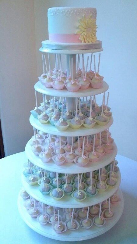 a three tiered cake with cupcakes on top