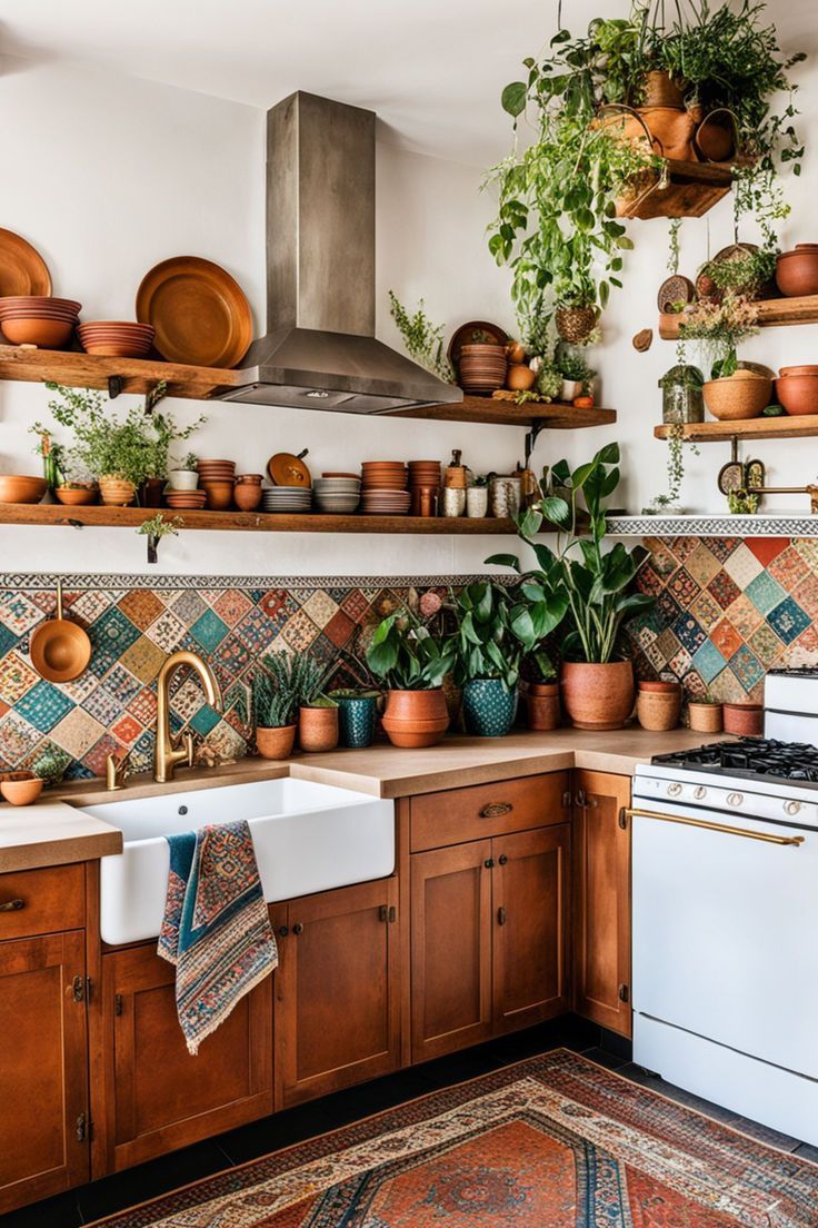 a kitchen filled with lots of potted plants next to a stove top oven and dishwasher