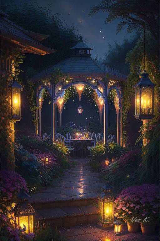 a gazebo lit up at night with lanterns on the ground and flowers around it