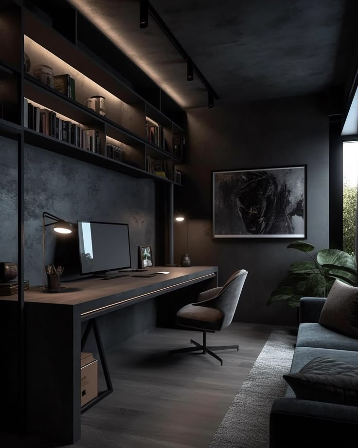 a room with a couch, desk and bookshelf next to a large window