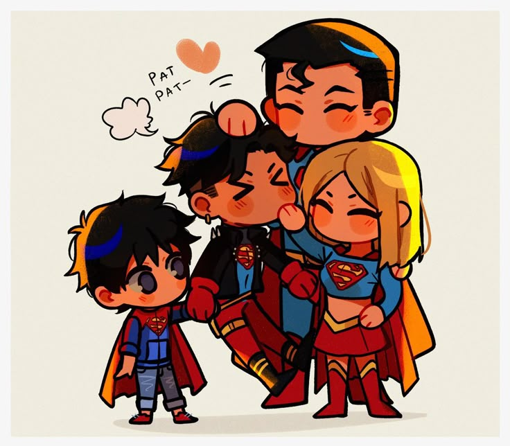 some cartoon characters are hugging each other and one is wearing a superman costume while the other has