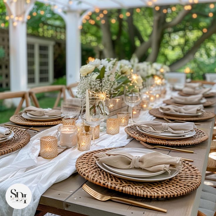 an outdoor table set for dinner with candles and plates