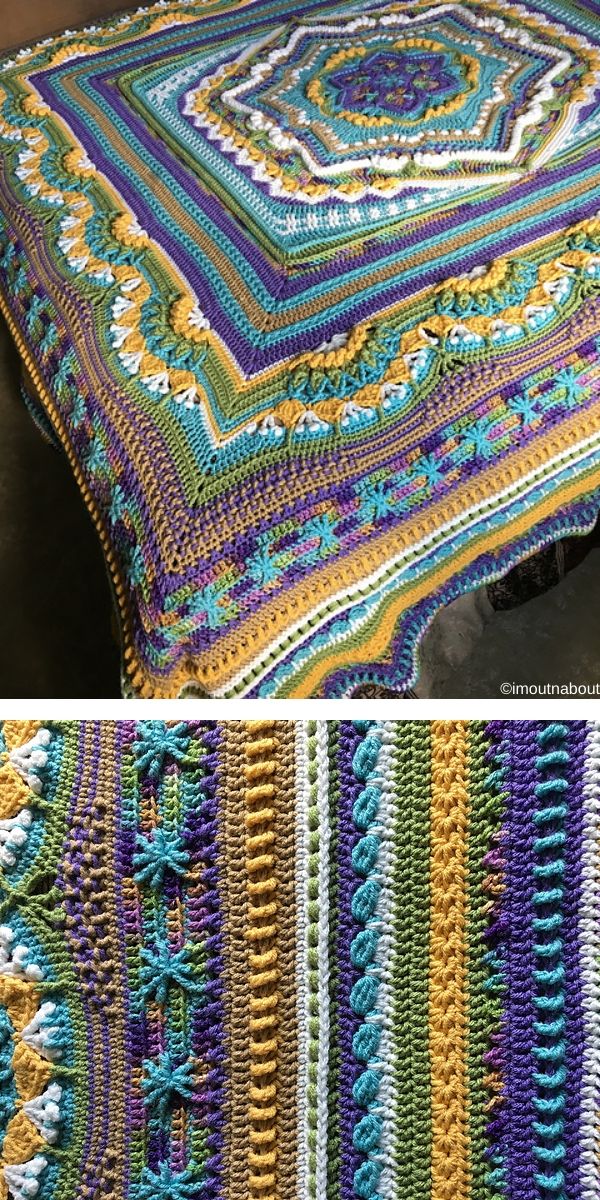 two pictures show the same crocheted afghans, one is multicolored