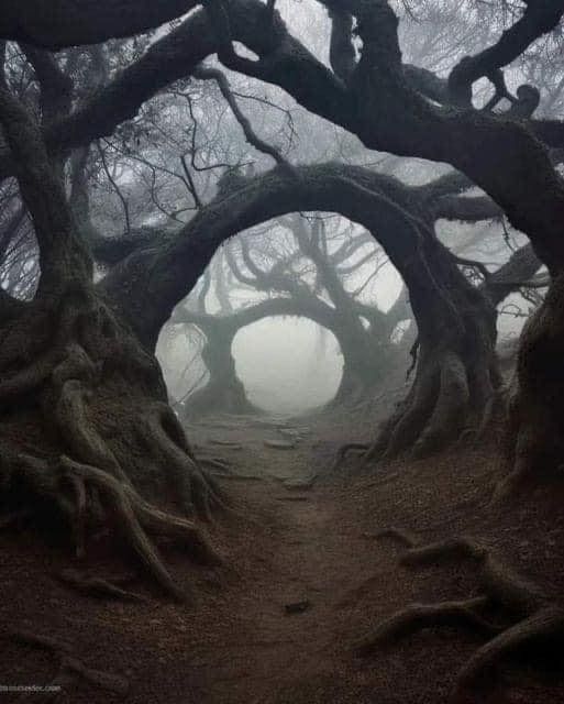 an image of a path in the woods with trees growing out of it and foggy sky