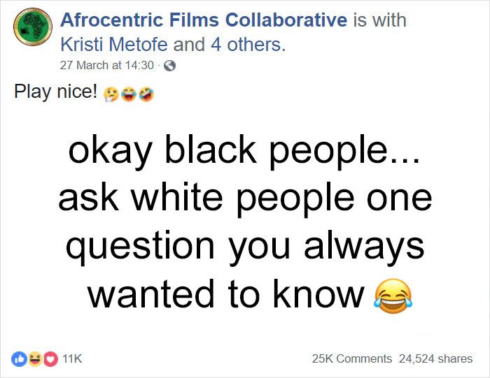 a tweet that reads, okay black people ask white people one question you always wanted to know