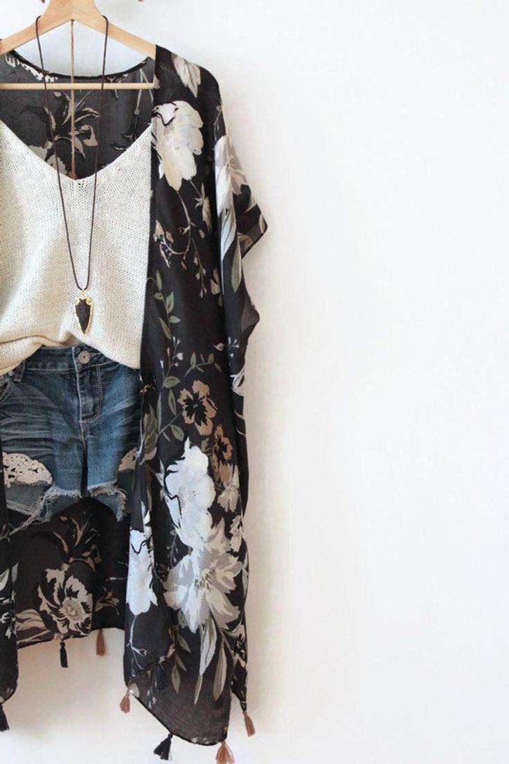 Spring Bohemian Shawl Kimono, Hippie Wrap Kimono One Size, Floral Print Shawl Kimono For Spring, Spring Floral Print Shawl Kimono, Spring Shawl Kimono With Floral Print, Black Bohemian Shawl For Spring, Bohemian Shawl Kimono For Summer, Bohemian Shawl Kimono For Festivals, Summer Bohemian Black Shawl