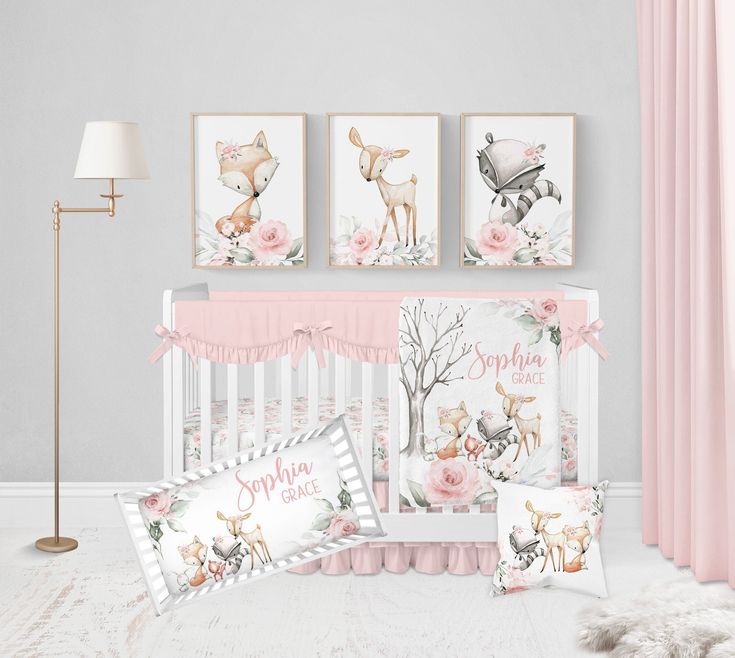 "Made just for your baby, you're going to LOVE this personalized baby girl woodland crib bedding set! Perfect for any baby girl woodland nursery bedding, personalize this baby girl crib bedding set with your baby's name on these personalized woodland animal crib bedding pieces for an adorable addition to your baby girl woodland nursery, woodland animal nursery, or pink floral nursery! ♥ CRIB BEDDING SET OPTIONS ~ 2 Piece Set: Baby girl crib sheet of your choice Personalized woodland animal blank Woodland Nursery Bedding, Pink Crib Bedding, Baby Girl Crib Bedding Sets, Woodland Crib Bedding, Floral Crib Bedding, Woodland Baby Blanket, Crib Sheets Girl, Woodland Nursery Girl