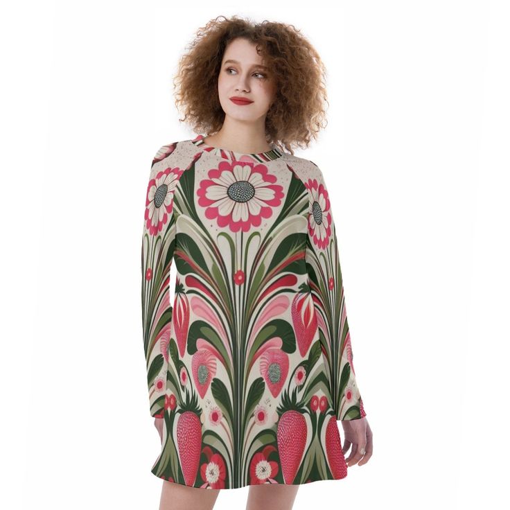 Introducing my Psychedelic Strawberry Floral long sleeve dress! A mesmerizing blend of vibrant colors and intricate designs that is sure to turn heads wherever you go! 🌺🍓 Fabric: Crafted from a luxurious Jersey material (95% polyester and 5% spandex), ensuring both comfort and style. The fabric gracefully hugs the body, showcasing every curve while offering ultimate comfort. Design: Dive into a world where strawberries meet florals in a psychedelic dance of colors. The stunning print, reminisc Floral Long Sleeve Dress, Strawberry Moons, Cute Stationary, Comfort Design, Long Sleeve Floral Dress, Jersey Dress, Garden Party, Sleeve Dress, Clothing Items