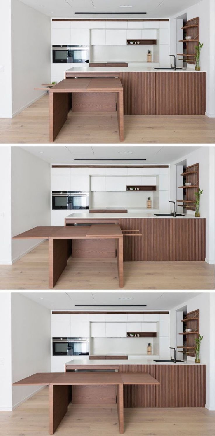 three photographs of an empty kitchen and dining room with wood flooring, white walls, and open shelving