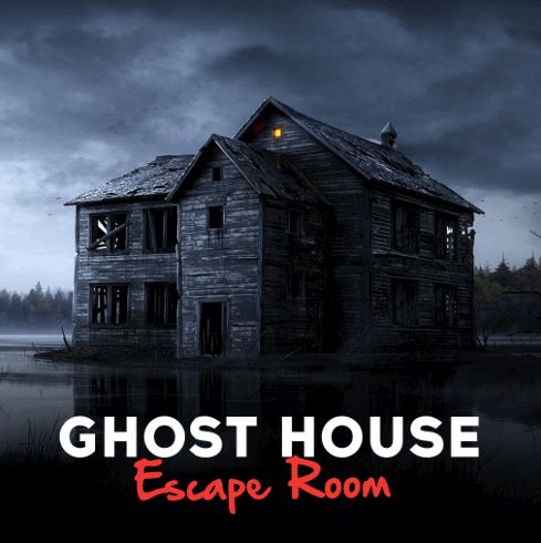 the ghost house escape room is shown in this dark photo with water and trees around it