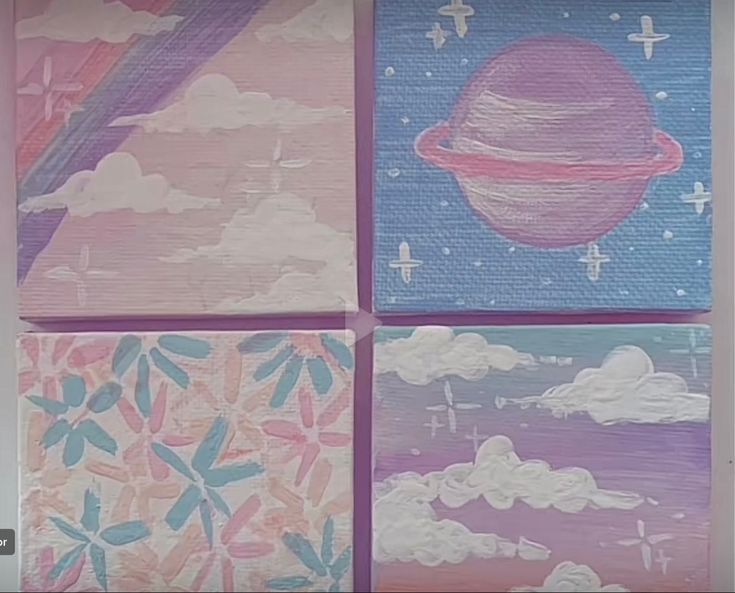 four square paintings with clouds, planets and stars painted on them in pastel colors