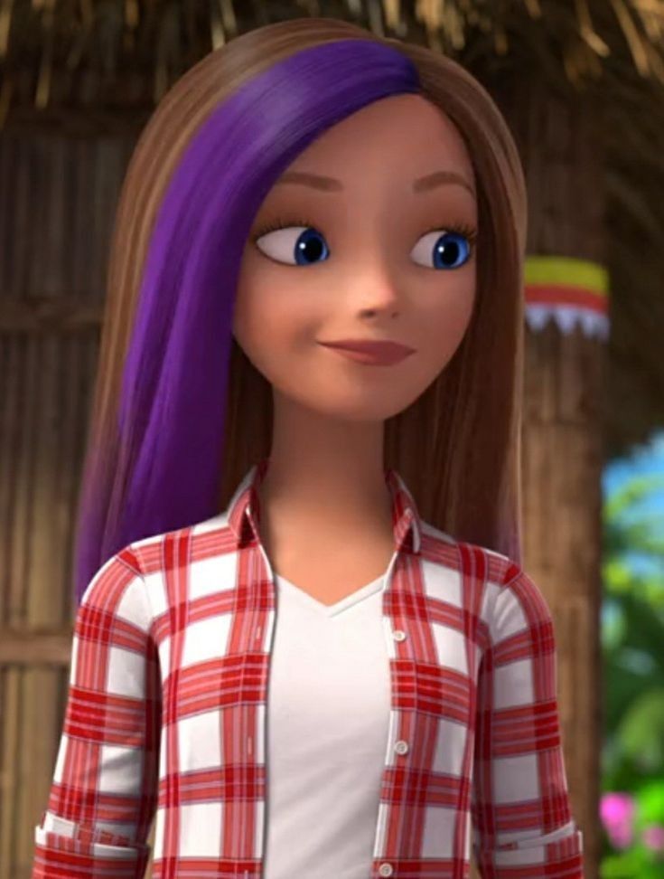 a cartoon girl with purple hair and blue eyes wearing a red plaid shirt, standing in front of a straw hut