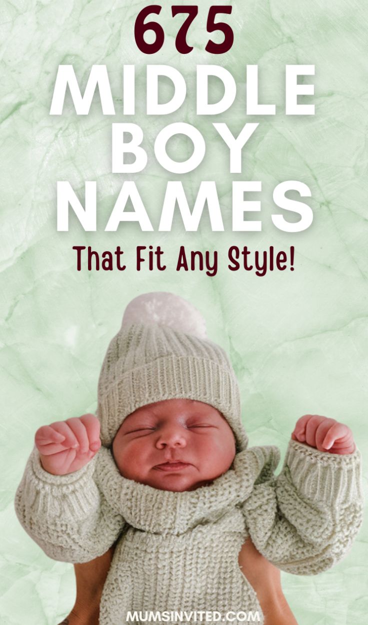 a baby wearing a white knitted sweater and hat with text that reads, 65 middle boy names that fit any style