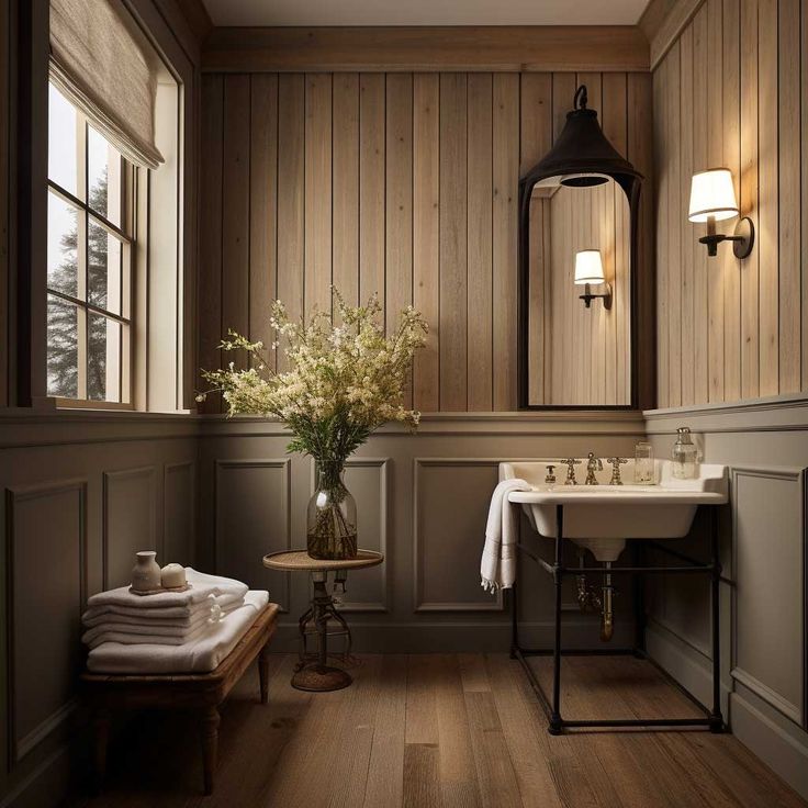 a bathroom with wood paneling and white towels on the sink, along with a vase filled with flowers