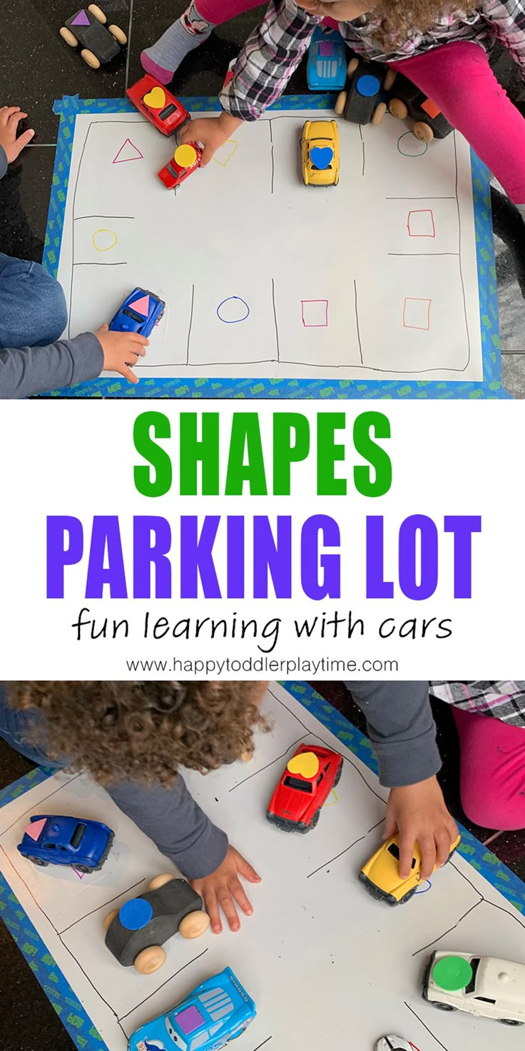 two children playing with shapes and cars on a play mat that says shapes parking lot fun learning with cars