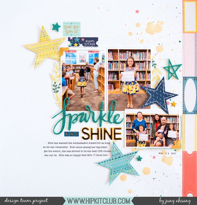 a scrapbook page with some pictures and stars on the pages, including an open bookcase