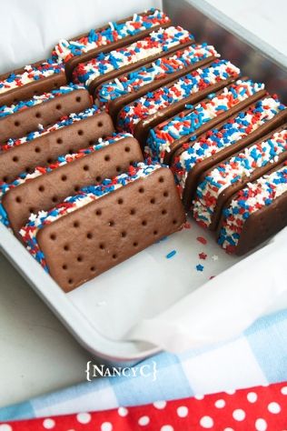 chocolate ice cream sandwiches with sprinkles in a pan