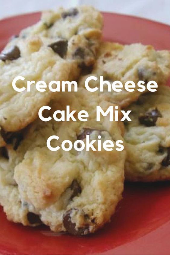 some cookies are on a red plate with the words cream cheese cake mix cookies above them