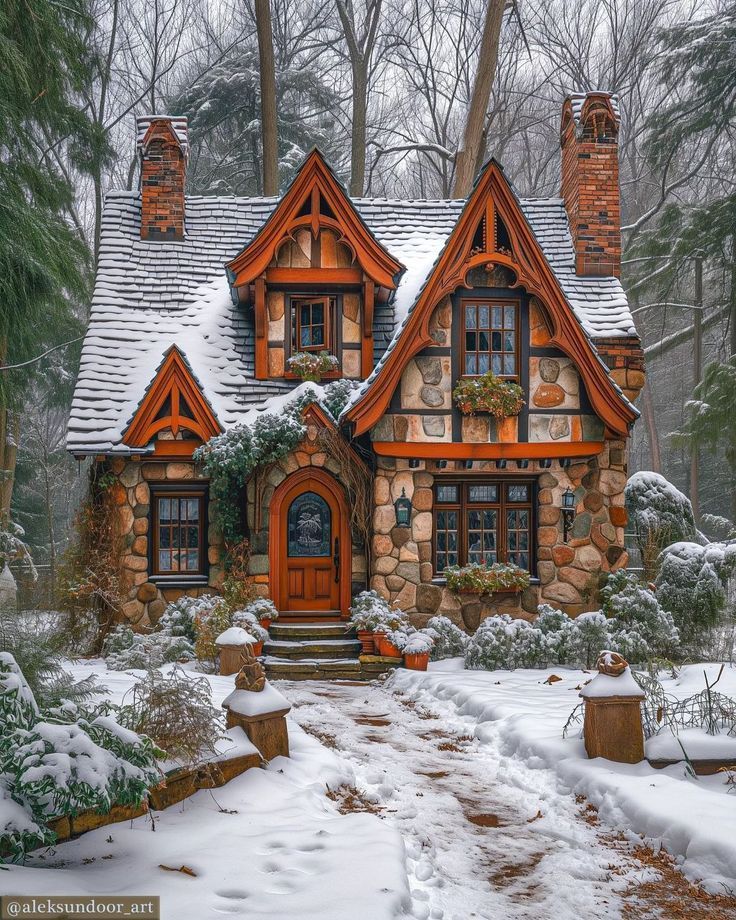 a house in the woods covered in snow