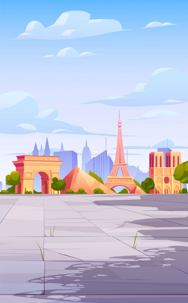 the eiffel tower is in the background of this cartoon cityscape with tall buildings