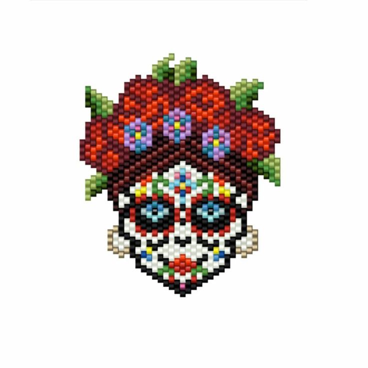 a cross stitch skull with flowers on it's head and the words day of the dead written in white