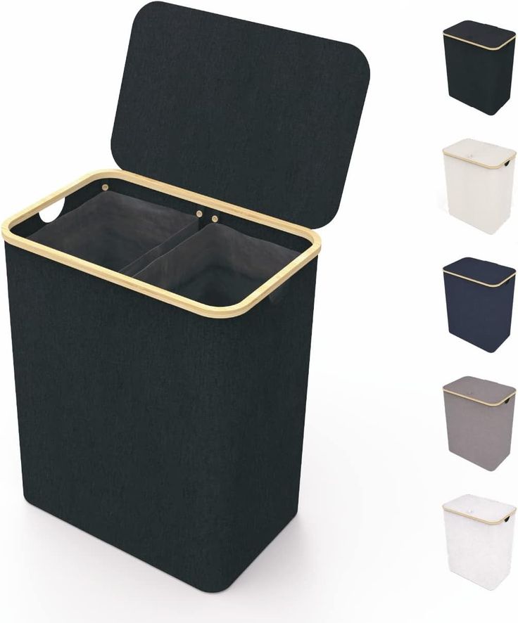 an open black box with gold trimmings and four different colored bins next to each other