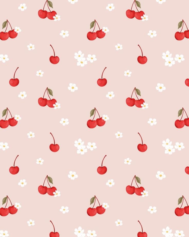 a pink background with cherries and daisies