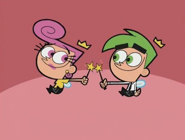 two cartoon characters facing each other with one pointing at the other's head and holding hands