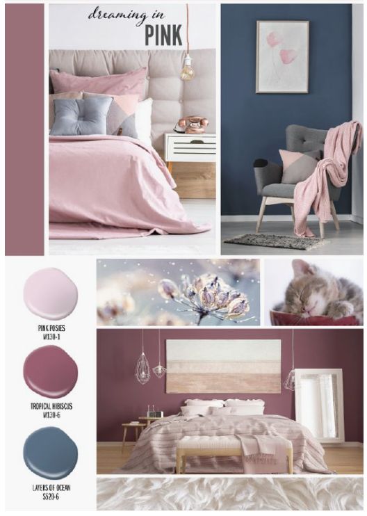 a bedroom with pink and blue colors on the walls, bedding and furniture in it