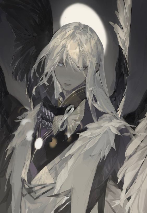 an anime character with white hair and wings holding a guitar in front of a full moon