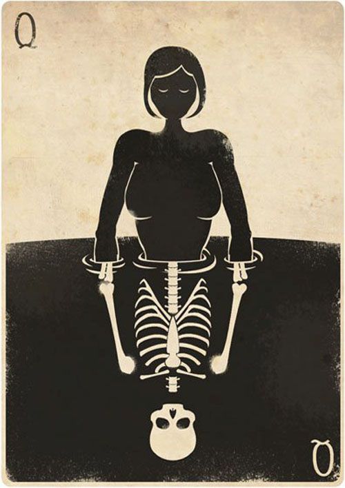 a woman sitting on top of a skeleton