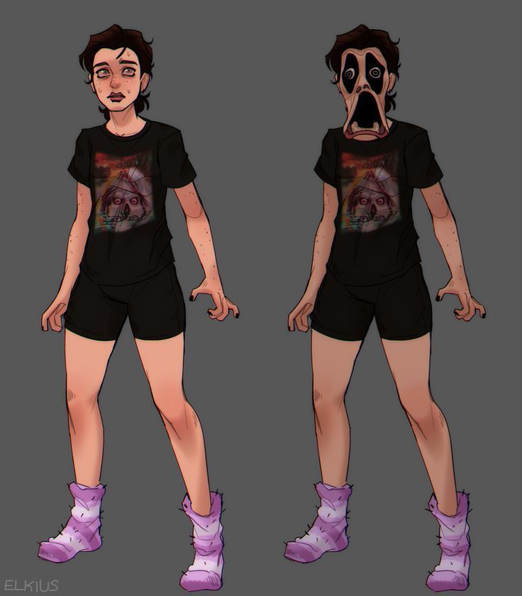 an animation character with purple shoes and a black t - shirt