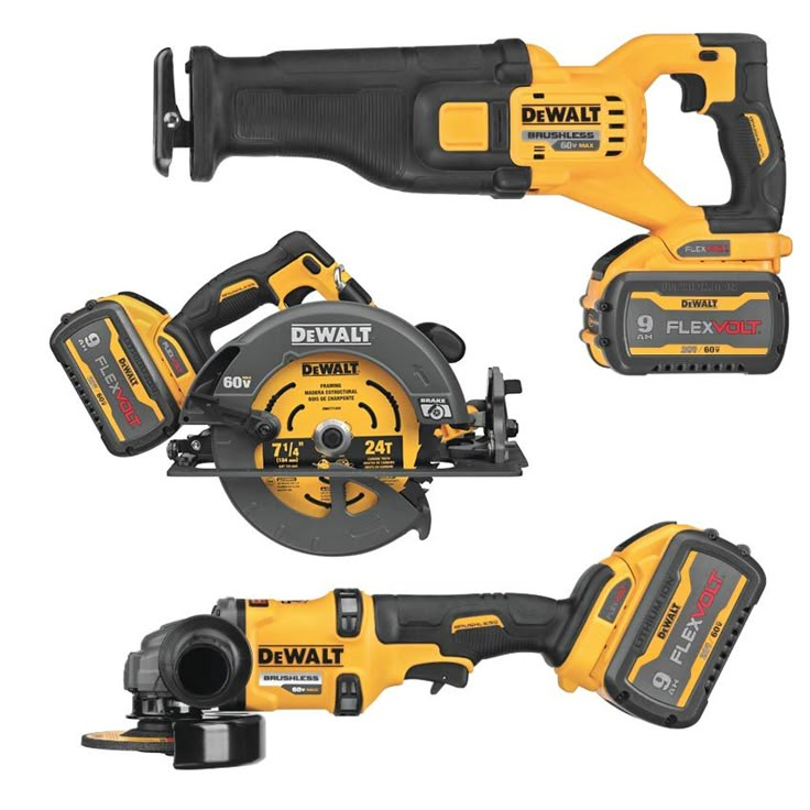 the dewt cordless circular saw is shown in three different positions, including one with two