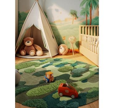 a child's bedroom with a teepee tent and teddy bear in the corner