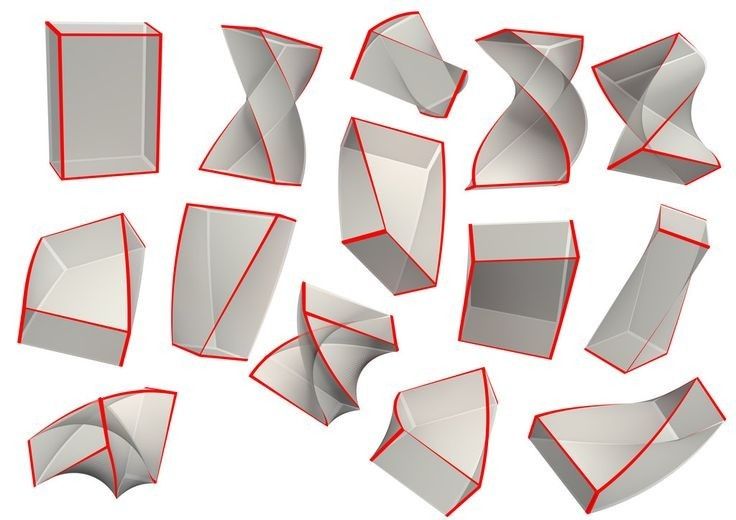 an assortment of different shapes and sizes of origami pieces on a white background