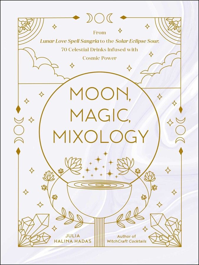 the moon magic mixology book cover with gold lettering and an image of a bowl