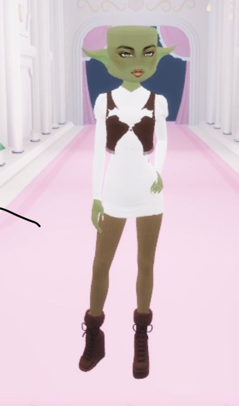 an animated image of a woman in a white dress and brown boots standing on a pink carpet