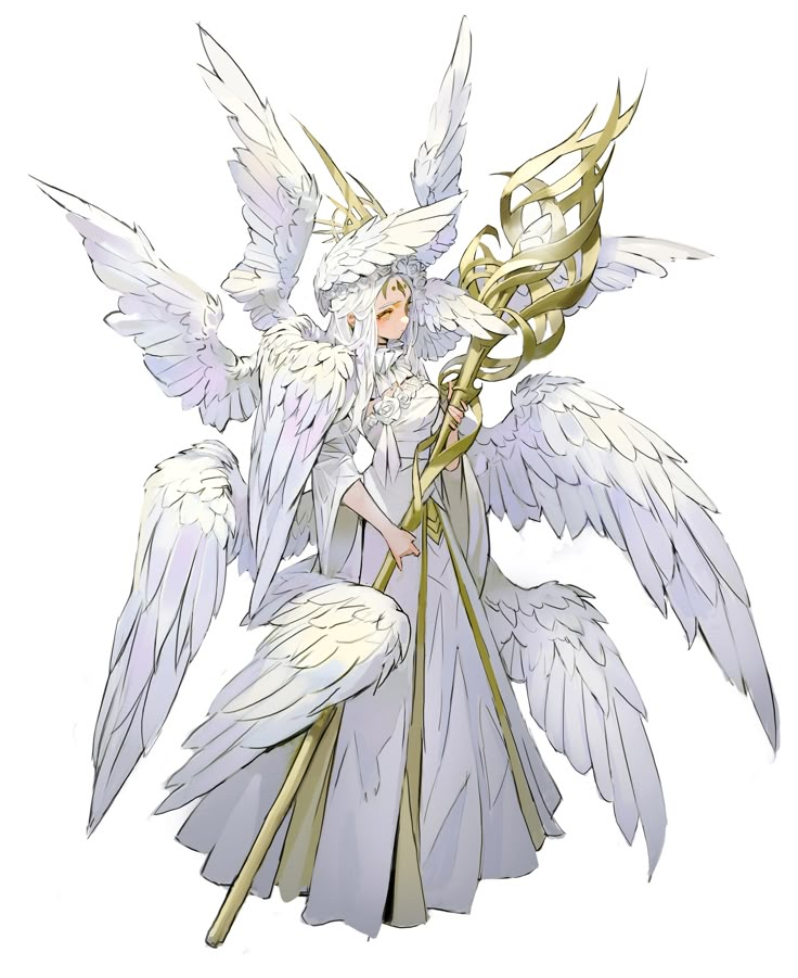 an angel with white wings holding a staff