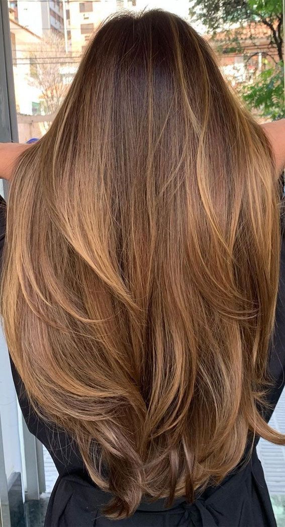 Color Brown Hair Highlights, Honey Brown Hair With Balayage, Golden Highlights On Dark Blonde Hair, Auburn Hair Color Highlights, Good Highlights For Brown Hair, Dyed Brunette Hair Colour, Carmel Brown Hair Color Caramel, Light Brown Brunette Balayage, Balayage Hair Ginger Brown