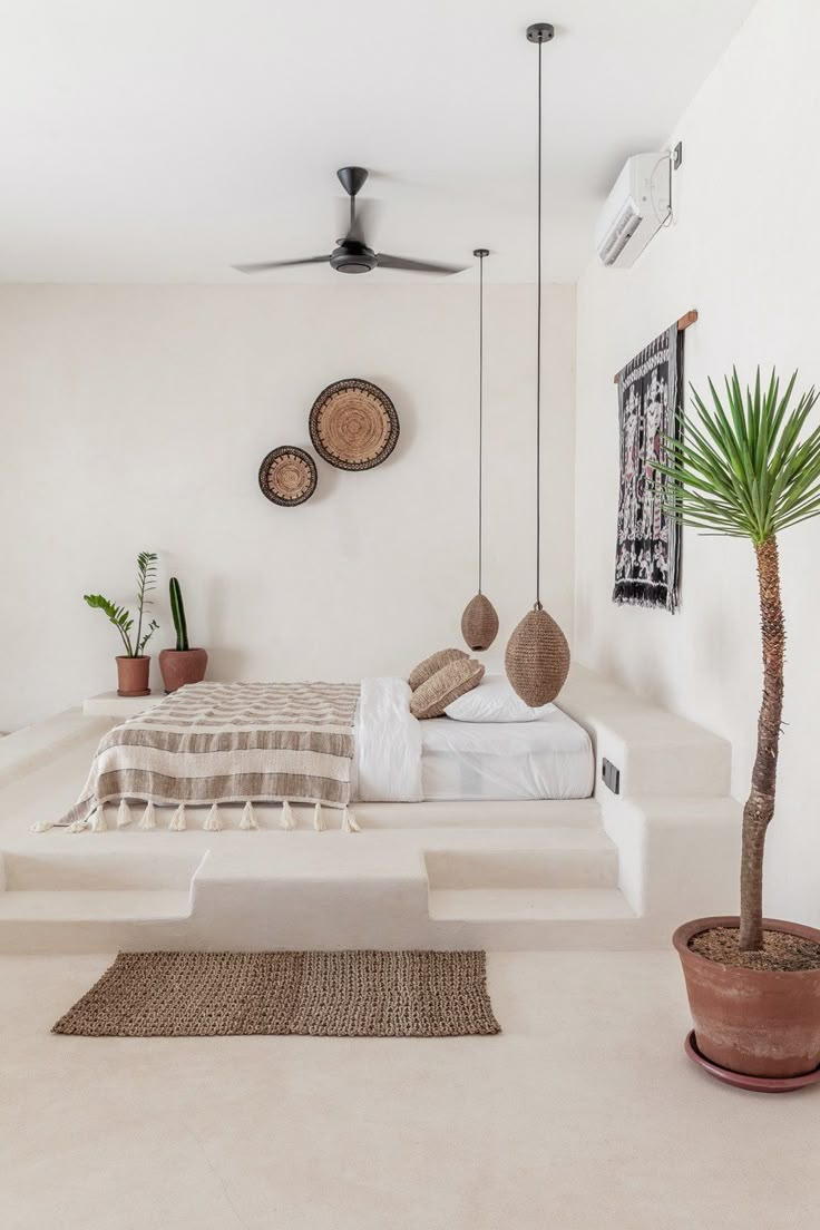 a bedroom with white walls and flooring has a plant in the corner next to the bed