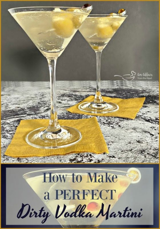 two martini glasses with the words how to make a perfect dirty vodka martini