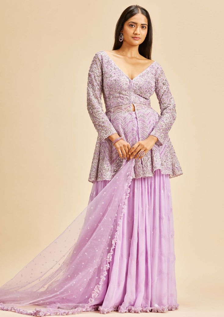 Nitika Gujral-Lilac Ombre Peplum Sharara Set-INDIASPOPUP.COM Purple Sharara, Peplum Sharara, V Neck Peplum Top, Indowestern Dresses, Orange Gown, Georgette Sharara, Kurtis Design, Lilac Fabric, Stylish Kurtis