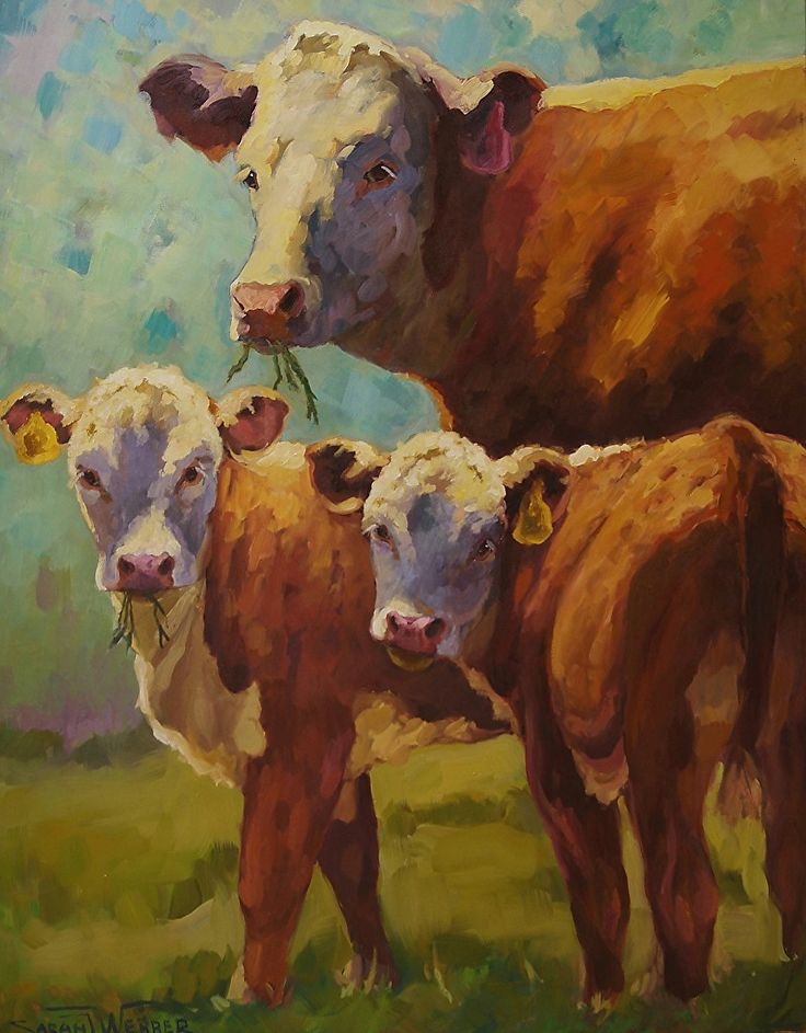 a painting of three cows standing next to each other