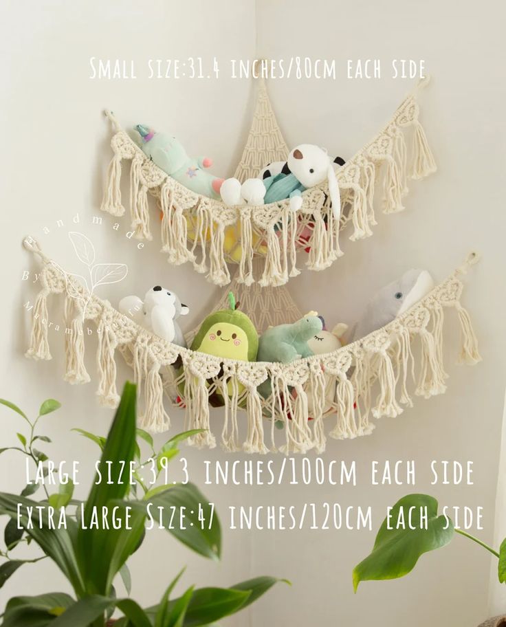 Need a creative way to store all the stuffed animalsCheck out this beautiful macrame toy hammock we madefeatures elegant pattern with lots of beautiful detailsWe offer various size and color options so they will fit right in with any nursery decor styleboho nurseryneutral nursery decor and so onWe also pack them nicely so they are perfect for giving as giftsif you are looking for Baby shower giftsMother's Day giftsNew mom giftslook no furtherAll of them are made of strongdurable cordsand we mad Nursery Toy Hammock, Macrame Toy Hammock Pattern Free, Corner Hammock For Stuffed Animals, Soft Toy Hammock, Boho Stuffed Animals, Diy Macrame Toy Net, Crochet Toy Holder, Toy Hammock Macrame, Macrame Toy Storage