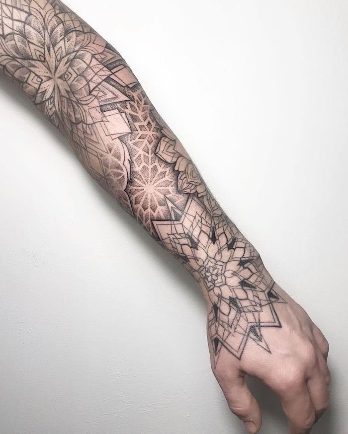 a man's arm with an intricate tattoo design on the forearm and hand area